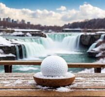 AI generated Golf ball in wooden bowl on wooden table with frozen Niagara Falls in background photo