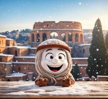 AI generated Funny snowman on the background of the Colosseum in Rome, Italy photo