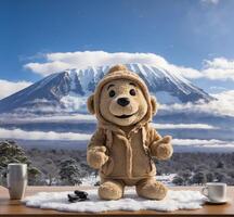 ai generado linda osito de peluche oso con taza de café y montaña fuji antecedentes foto