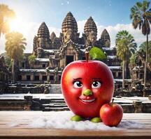 AI generated Funny face made of red apple and apples on wooden table in front of Angkor Wat, Cambodia photo