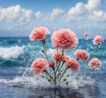 ai generado ramo de flores de rosado clavel flores en el antecedentes de el mar foto