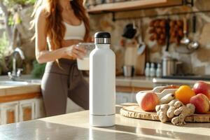 ai generado un contento joven mujer con un muscular cuerpo soportes en el cocina y prepara un Fruta zalamero foto