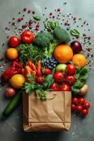 ai generado un Kraft bolso con vegetales y frutas en un negro antecedentes. comida entrega foto