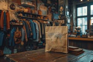 ai generado de cerca de un papel bolso en pie en un mesa en un Tienda foto