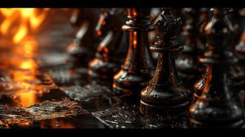 AI generated stylish black chess stands on a chessboard and a fire is burning around. Gloomy environment photo