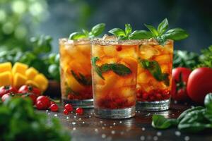 AI generated Summer colorful fruit and vegetable cocktail in glasses on the table. Berries and fruits are lying nearby photo