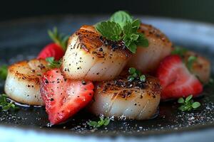 ai generado Vieira crudo con fresas y negro pimienta foto