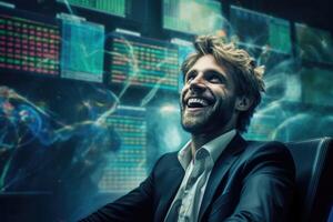 AI generated A cheerful, Happy Businessman in a formal suit against the background of stock exchange charts. Trade and finance, the concept of the stock market photo