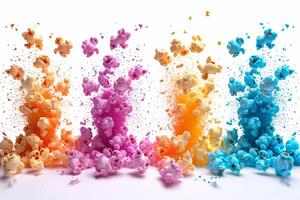 AI generated Close-up of a flying colored Popcorn On a white background photo