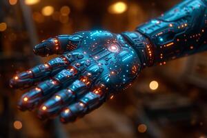 AI generated A bionic hand. Technological prosthetic arm photo