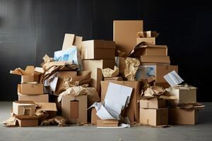 AI generated A pile of cardboard waste is stacked in one place. Dump. the concept of reuse photo