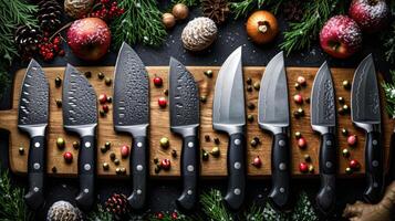 AI generated Top view of Damascus steel kitchen Knives on a wooden board photo