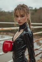 ai generado retrato de un elegante niña en boxeo guantes y látex traje foto