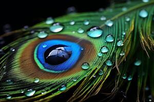 ai generado de cerca de un pavo real pluma con agua gotas foto