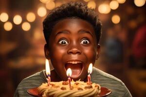 ai generado un africano chico golpes fuera velas en un cumpleaños pastel en su hogar foto