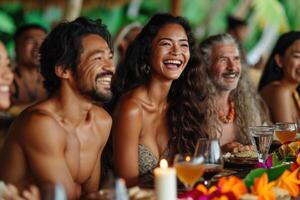 ai generado un grupo de amigos son sentado juntos a un festivo mesa fuera de y charlando bali foto