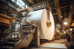 AI generated A paper production line at a waste paper recycling factory. Pulp and paper mill photo