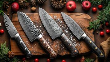 AI generated Top view of Damascus steel kitchen Knives on a wooden board photo