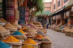 ai generado un vistoso y característica bazar de fragante especias Marruecos, marrakech foto