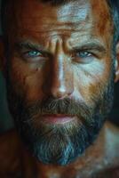 AI generated Portrait of a brutal man with a beard on a dark background photo