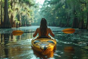 AI generated A tourist girl is canoeing on a mysterious river in the jungle photo