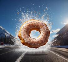 AI generated Flying donut against the background of the road and the sky. photo