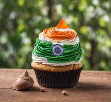 AI generated Cupcake with Indian flag on top on wooden table and blurred background photo