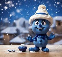 ai generado gracioso arándano mascota con azul sombrero y bufanda en invierno antecedentes. Navidad concepto. foto