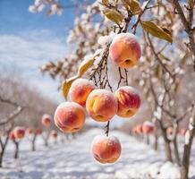 AI generated Ripe peaches on a branch in the snow in the orchard photo