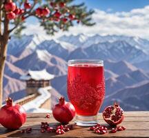 AI generated Pomegranate juice in a glass with fresh pomegranate fruits on the background of mountains photo