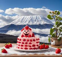 ai generado fresa pastel mascota personaje con Monte Fuji en el antecedentes. foto