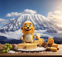 ai generado queso personaje en un de madera mesa en contra el antecedentes de monte. fuji foto