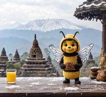AI generated Honey bee in bali indonesia with a glass of orange juice photo