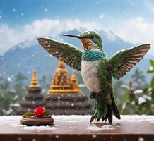 AI generated Hummingbird and buddha statue with snow in the background photo