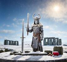 AI generated Knight with sword and stonehenge in the background. 3d rendering photo