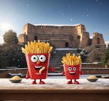 AI generated Funny french fries with funny faces in front of medieval castle in winter photo