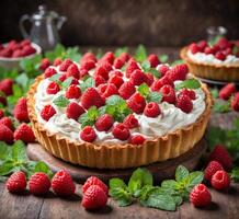 AI generated Raspberry tart with whipped cream and fresh raspberries, selective focus photo