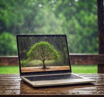 AI generated Laptop with tree on screen on wooden table in the rain. photo