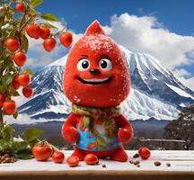 AI generated Funny red tomato mascot character on the background of Mt Cook, New Zealand photo