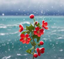ai generado hermosa rojo flores en el antecedentes de el mar y nevada foto