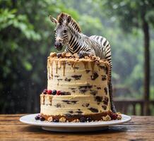 AI generated Zebra birthday cake with cream and fresh berries on wooden table. photo