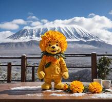 AI generated Toy bear with flowers and Mt. Fuji in the background, Japan photo