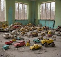 AI generated Abandoned cars in a children's playroom in Pripyat photo