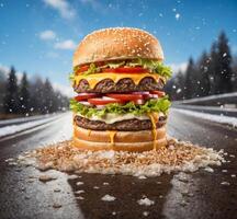 ai generado hamburguesa en el asfalto la carretera con copos de nieve y montañas en el antecedentes foto