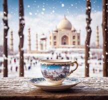 ai generado taza de café en el antecedentes de el taj mahal en agra, India foto