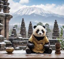 AI generated Giant panda sitting on the terrace of balinese temple photo