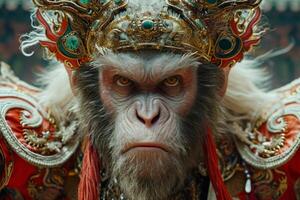 AI generated Serious monkey wearing clothes and a crown. Monkey king photo