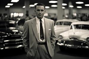 AI generated A man in a formal suit against the background of many old cars. Retro photography photo