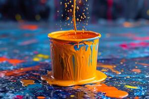 AI generated Colorful splash of oil paint from a bucket , splash of rainbow color paint photo