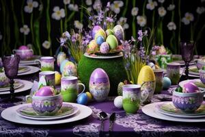 ai generado Pascua de Resurrección huevos son hermosamente decorado en el festivo mesa foto